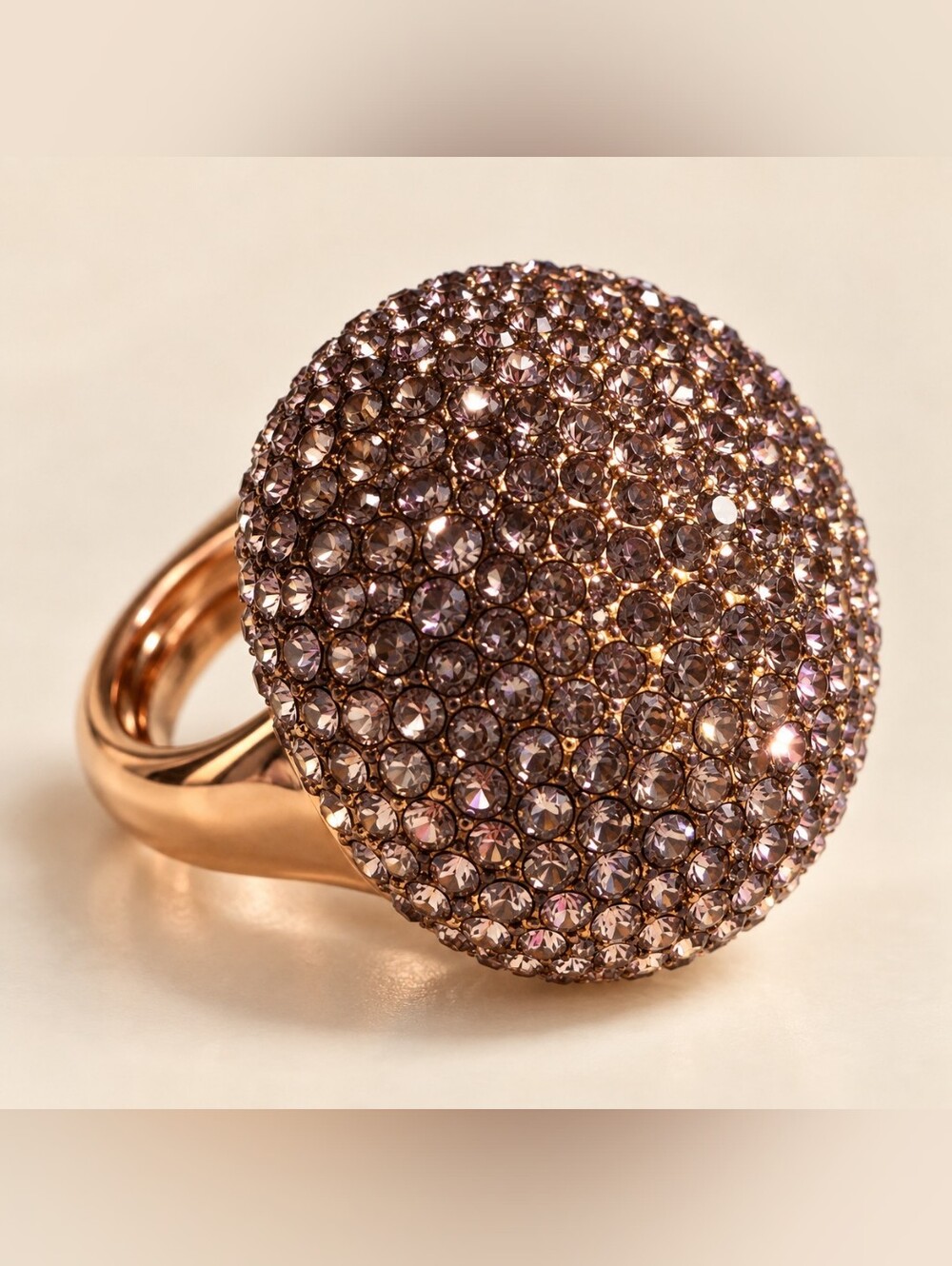 Vintage Sequin Rose Gold Tone Smoky Rhinestone Dome Statement Ring Size 7